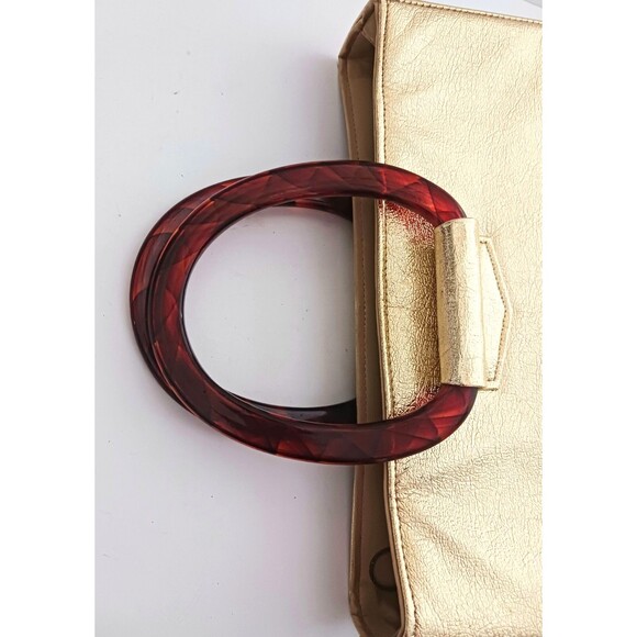 VTG 60s JR Florida USA Gold Lame Tote Tortoise Lucite Double Ring Handles 14X4X9 - Picture 2 of 12